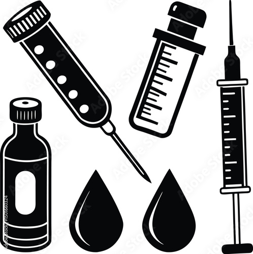 Medical supplies and equipment icon set syringe vial test tube and blood drops