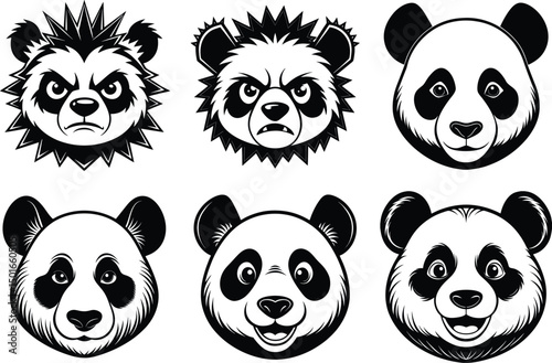 Collection of Six Unique Panda Bear Illustrations Black and White Designs