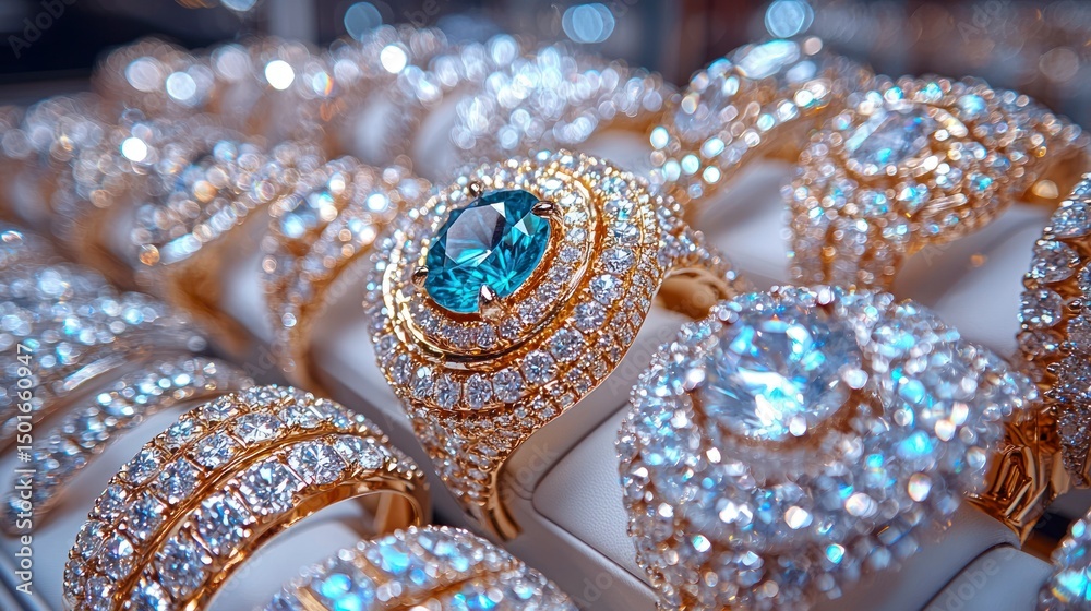 Obraz premium Close-up view of rings with precious stones on display