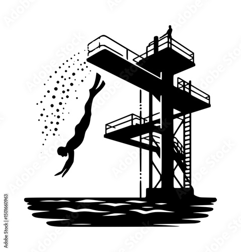 Silhouette Platform Diving Icon Logo Black and White Vector