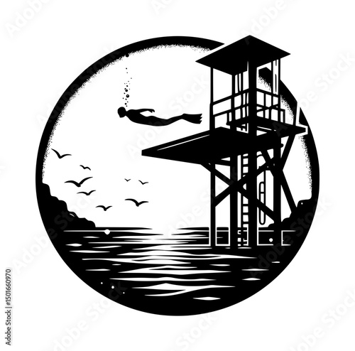 Platform Diver Silhouette Icon Logo Black and White Vector