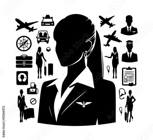 Woman Flight Attendant Icon Logo, Black and White Vector