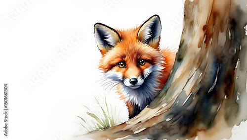 Watercolor fox painting cute animal art print nature illustration woodland creature design tree trunk artwork