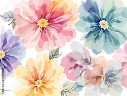 Seamless pattern with red watercolor flowers and leaves. Peonies blossom