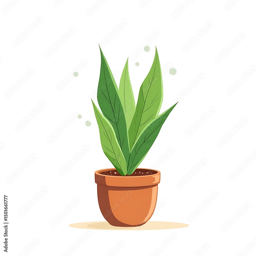 Fototapeta premium Potted plant, green foliage, leafy houseplant, terracotta pot, indoor gardening, nature illustration.