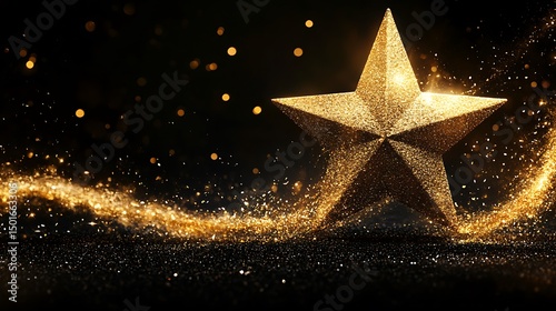 Golden star on a dark background with glittering particles.