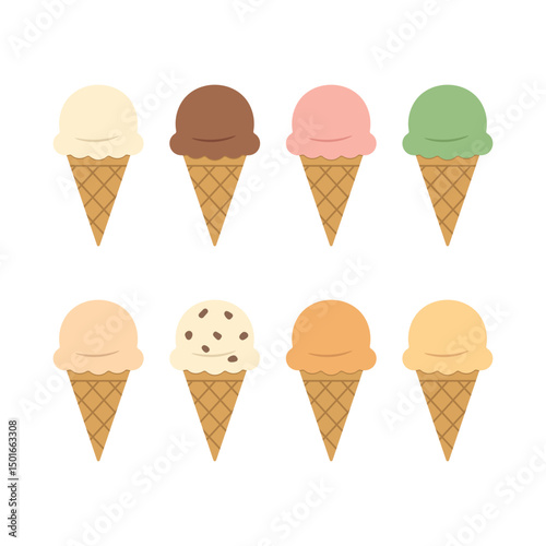 Vector illustration set of ice cream cones in different flavors, including vanilla, chocolate, strawberry, mint, and more, isolated on a white background. A summer cold and sweet dessert.
