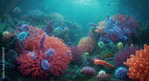 Microscopic Ocean: A vibrant underwater world teeming with life, a 3D rendering of microorganisms.