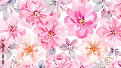 Watercolor background pattern pink flowers on white background, Pink pions watercolor on the white background