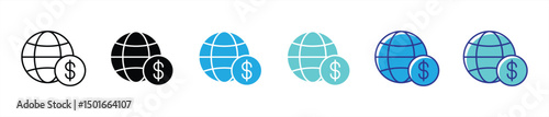global currency icon set. containing a universal representation of worldwide financial transaction and economic connectivity thin line and color style icon symbol sign. vector illustration