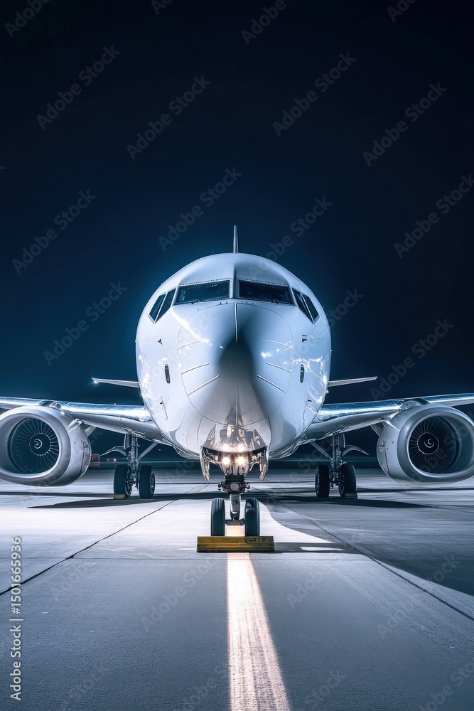 Fototapeta premium Night shot of a commercial airplane illuminated by airport lights