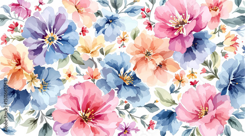 Colorful watercolor floral border design with various flowers and leaves on a white background.
