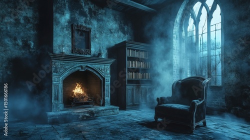 Abandoned victorian house interior with fireplace cartoon background. Antique messy furniture and broken armchair with spider web design. 