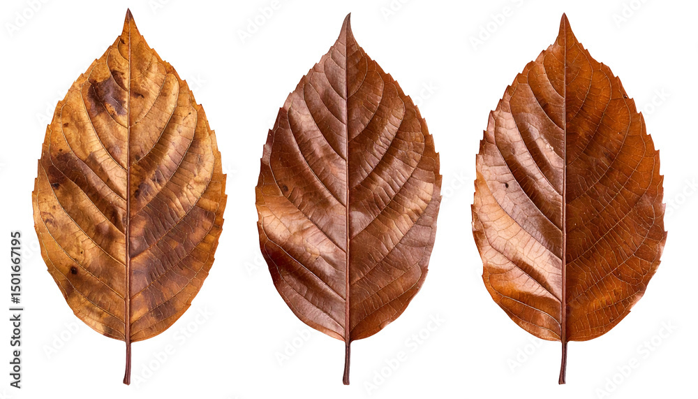 Obraz premium set of three dried brown leaves with natural texture variations, realistic autumn foliage elements, botanical details on isolated background 