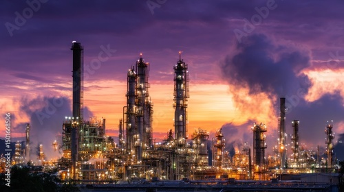 Wallpaper Mural Wide view of petrochemical plant during twilight, glowing lights along towers and pipes, dramatic purple-orange sky, steam rising, high-detail industrial scene Torontodigital.ca