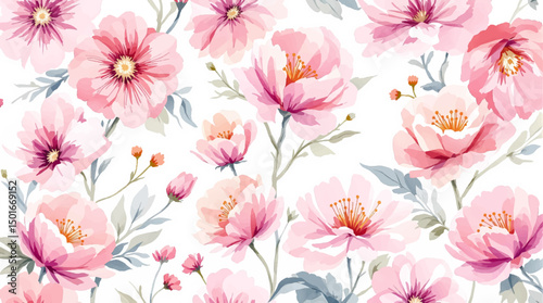 Watercolor background pattern pink flowers on white background, Pink pions watercolor on the white background
