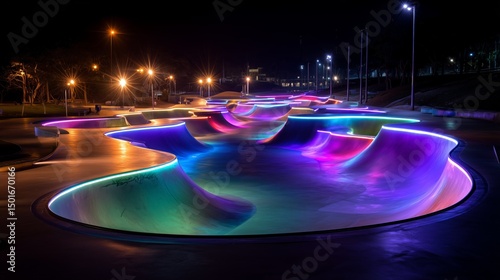 Neon-Lit Skatepark at Night with Long Exposure Light Trails and Youth Energy
