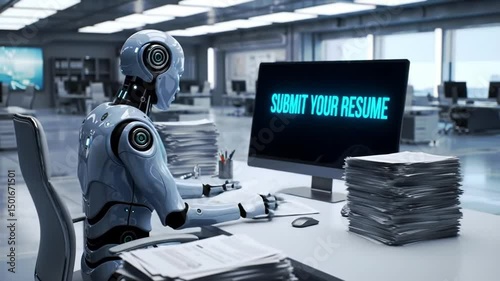 A humanoid robot working at a desk in an office with stacks of paper and a computer monitor text visible Submit your resume
