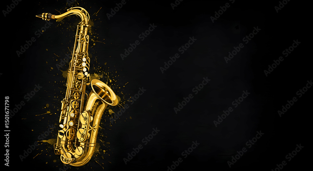 Obraz premium Golden Saxophone on Black Background with Splash of Colorful Ink