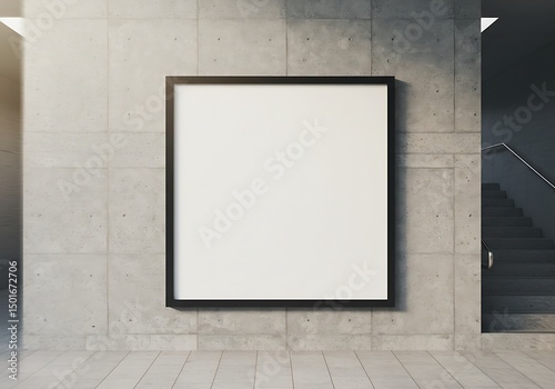 Blank framed poster stands out against raw concrete in a modern minimalist architectural space.