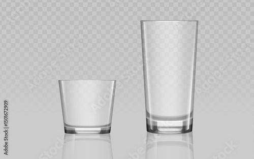 two clear, empty glasses on a transparent background. Ideal for drink presentation, design projects, and mockups.