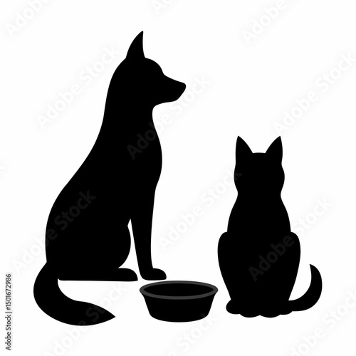 Dog and cat silhouettes by food bowl