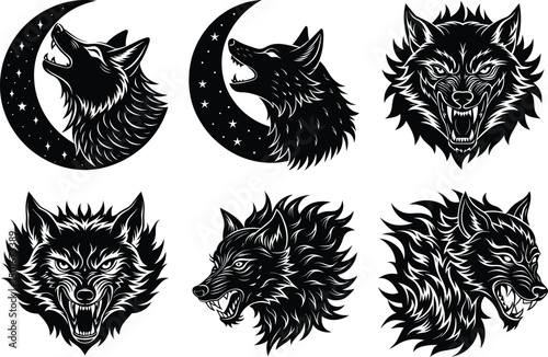 Six Striking Wolf Head Illustrations Moon, Fire, and Ferocious Designs