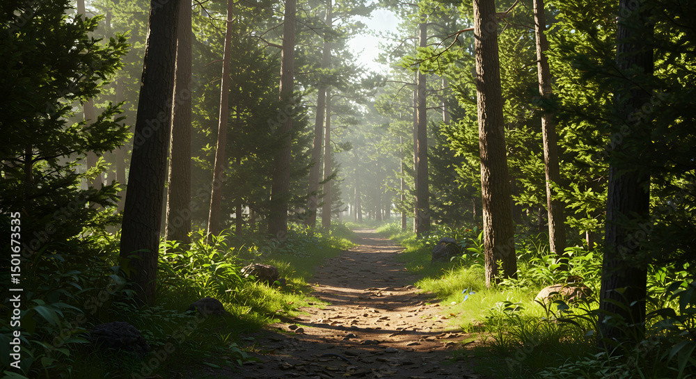 Fototapeta premium Serene Forest Pathway Surrounded by Lush Greenery and Sunlight