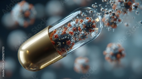Smart medicine capsule filled with vitamins releasing antihistamines in a clear and detailed macro photography shot