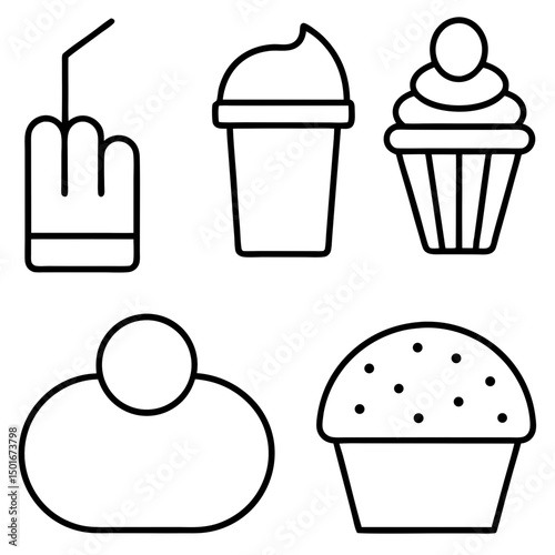 Simple line drawings of sweet treats and drinks