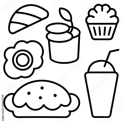 Collection of simple line drawings of baked goods and drinks