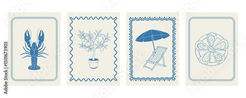 Set of hand-drawn vintage posters featuring lemons, lobster, oysters, and chaise lounge. Italian vertical backgrounds in Mediterranean style. Vector illustration.