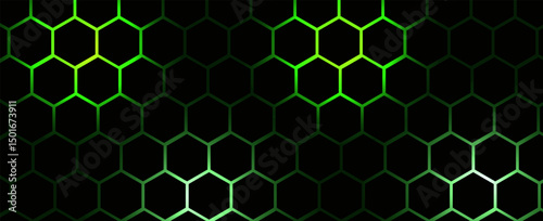 Glowing green hexagonal grid on a black background, creating a futuristic and high-tech visual effect. Perfect for sci-fi themes, technology interfaces, and modern design projects.