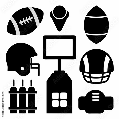 American football icons equipment and field graphics