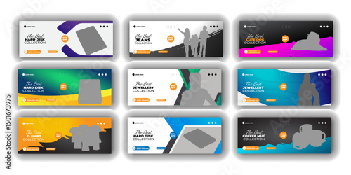 Facebook cover bundle web banner and  Social media post or jeans, t-shirt, hard disk, jewellery, fashion, coffee, product, dog, templates