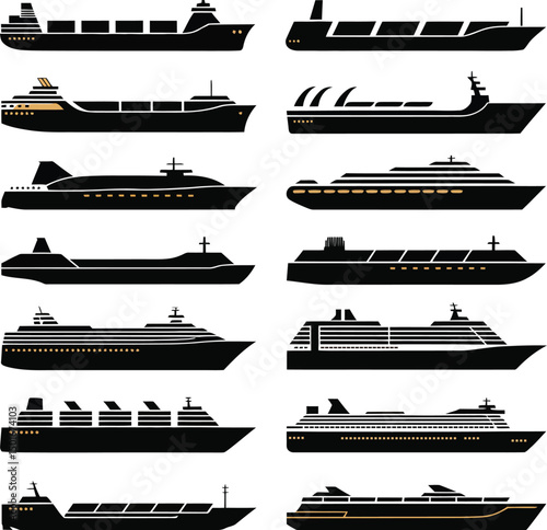 A collection of various ships silhouette black vector illustration 