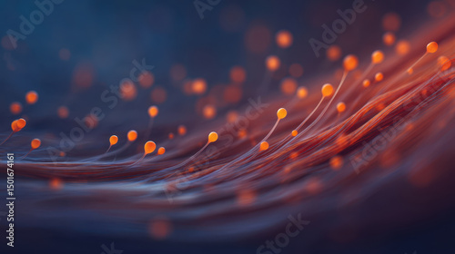 Image depicts close up view of digital or abstract representation of network or fiber optic like structure with glowing orange
