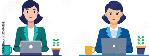 Female Office Workers with Laptops – Vector Illustration