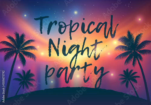 Tropical Night Party Poster with Palm Tree Silhouettes and Magic lights on Colorful Sunset Sky Background 