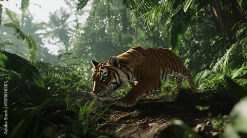 Majestic Tiger Prowling Through Lush Tropical Jungle