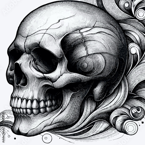 Human skull illustration in black and white ornamental style

