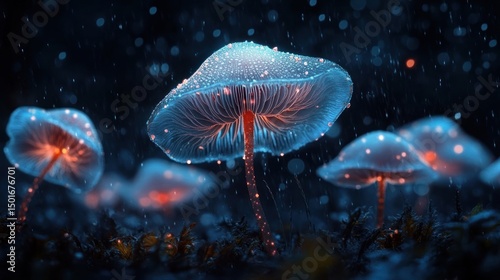 Bioluminescent Mushrooms Glowing in Dark Forest Rain Fantasy Art