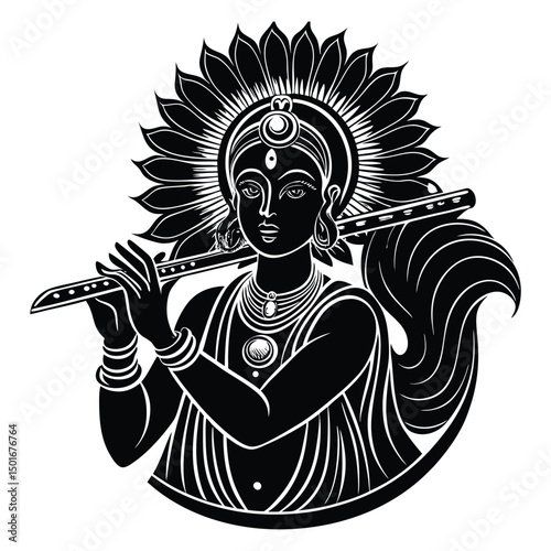 A serene depiction of Lord Krishna playing the flute, set against a dark background with a golden halo and a peacock feather adorning his crown vector