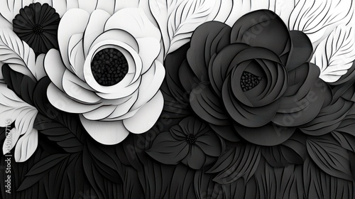 Black And White Paper Flowers Monochrome Floral Background