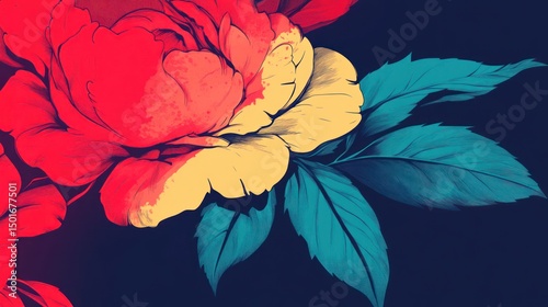 Bold Floral Background with Oversized Red Yellow and Teal Flowers