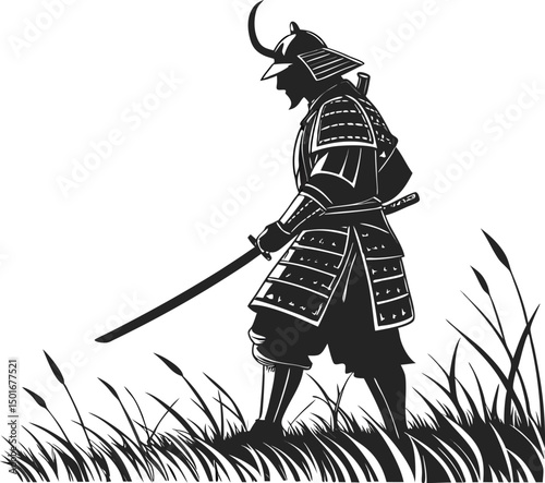 Samurai Warrior in Tall Grass Silhouette