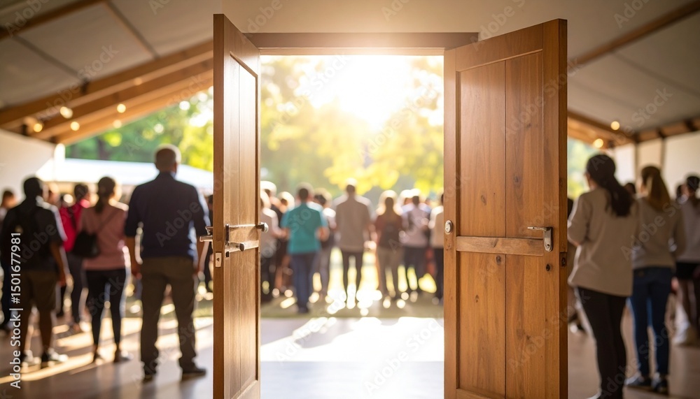 Fototapeta premium Homelessness Prevention concept. Open doors leading to a gathering with sunlight and people outside.