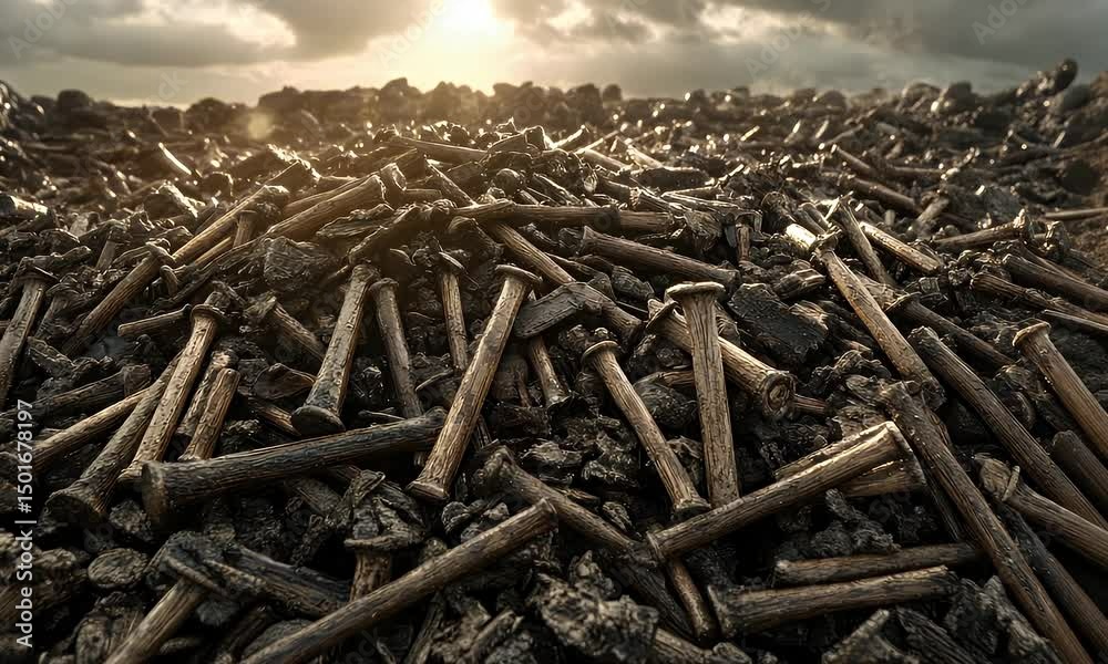 Field of wooden stakes against a cloudy sky