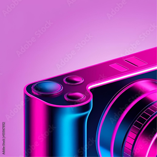 Futuristic 3D camera icon in isometric view with neon magenta and sky blue glow, holographic lens with rotating shutter symbols, matte black body, cyberpunk design on dark background