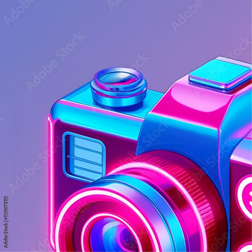 Futuristic 3D camera icon in isometric view with neon magenta and sky blue glow, holographic lens with rotating shutter symbols, matte black body, cyberpunk design on dark background